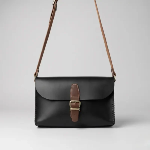 Sac Bandoulière Cuir Noir Femme – Clapet Boucle Bronze